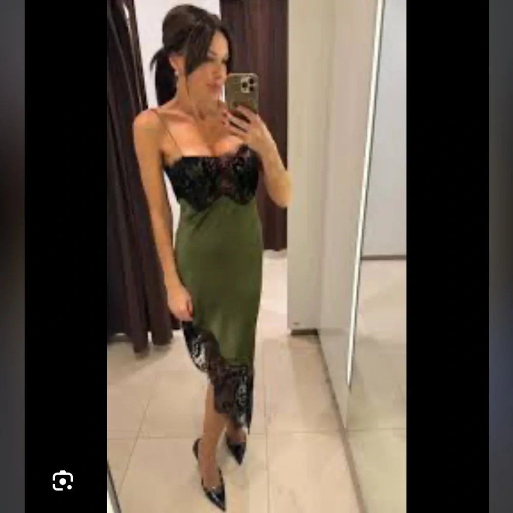 Zara Asymmetrical Satin Effect Lace Dress ZW Collection GREEN LARGE